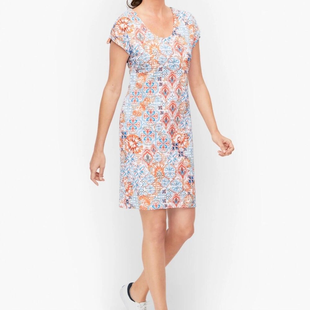 T by Talbots Multi-Color Print Athletic-Style V-Neck Cap Sleeve Dress Size Small